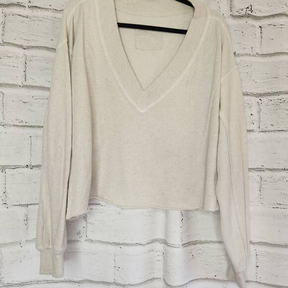 Aerie Womens Cream V-Neck French Terry Crop Long Sleeve Sweatshirt Size Small - Picture 3 of 9